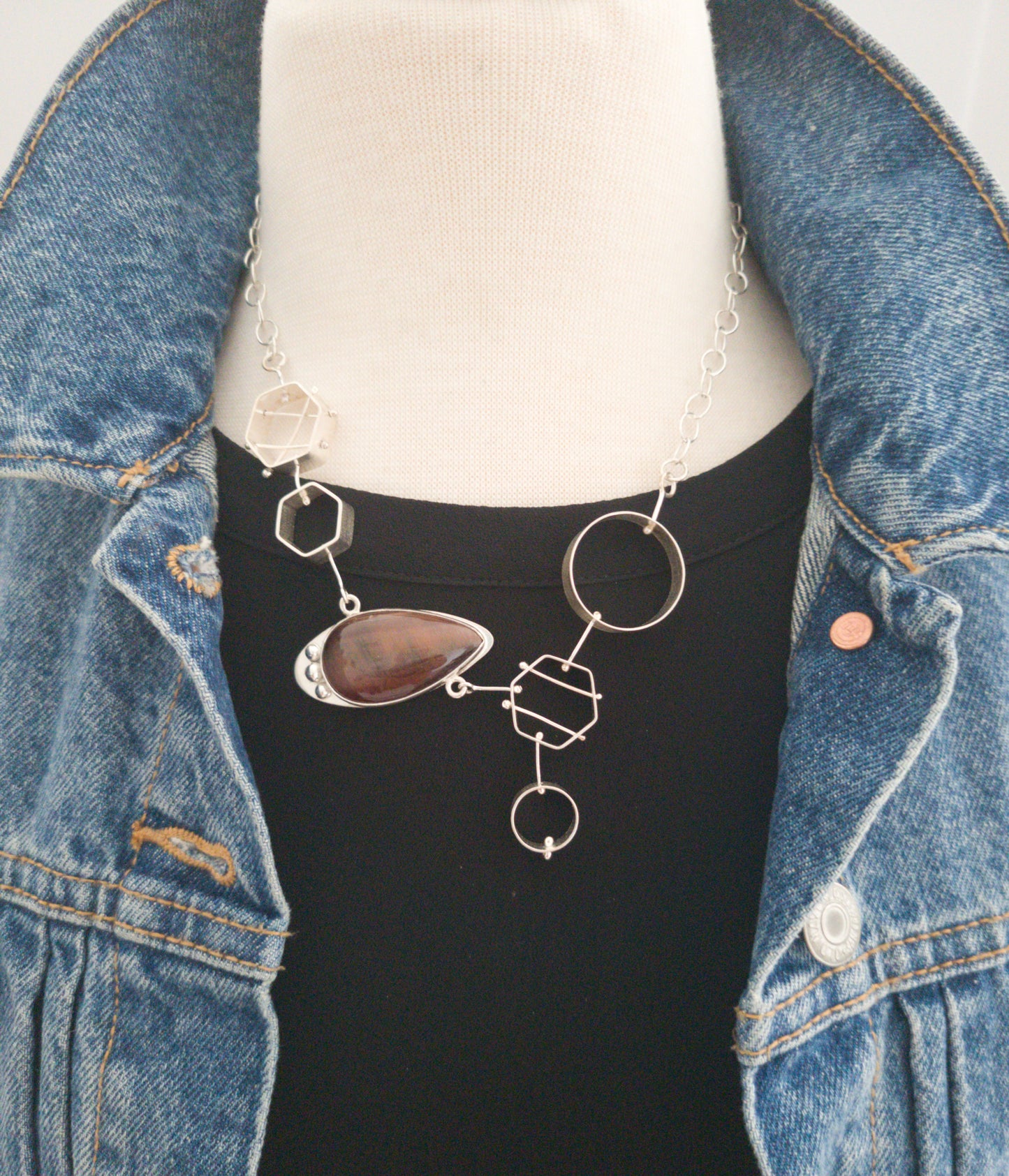 Geometric Bib Necklace with Red Tiger Eye