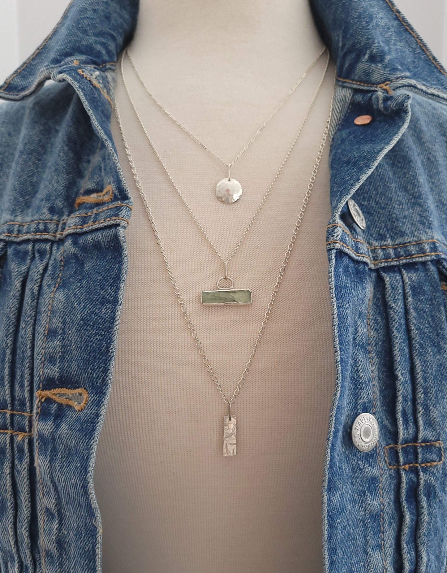 Triple Strand Silver Necklace with Disc, Rectangle and Kyanite Crystal