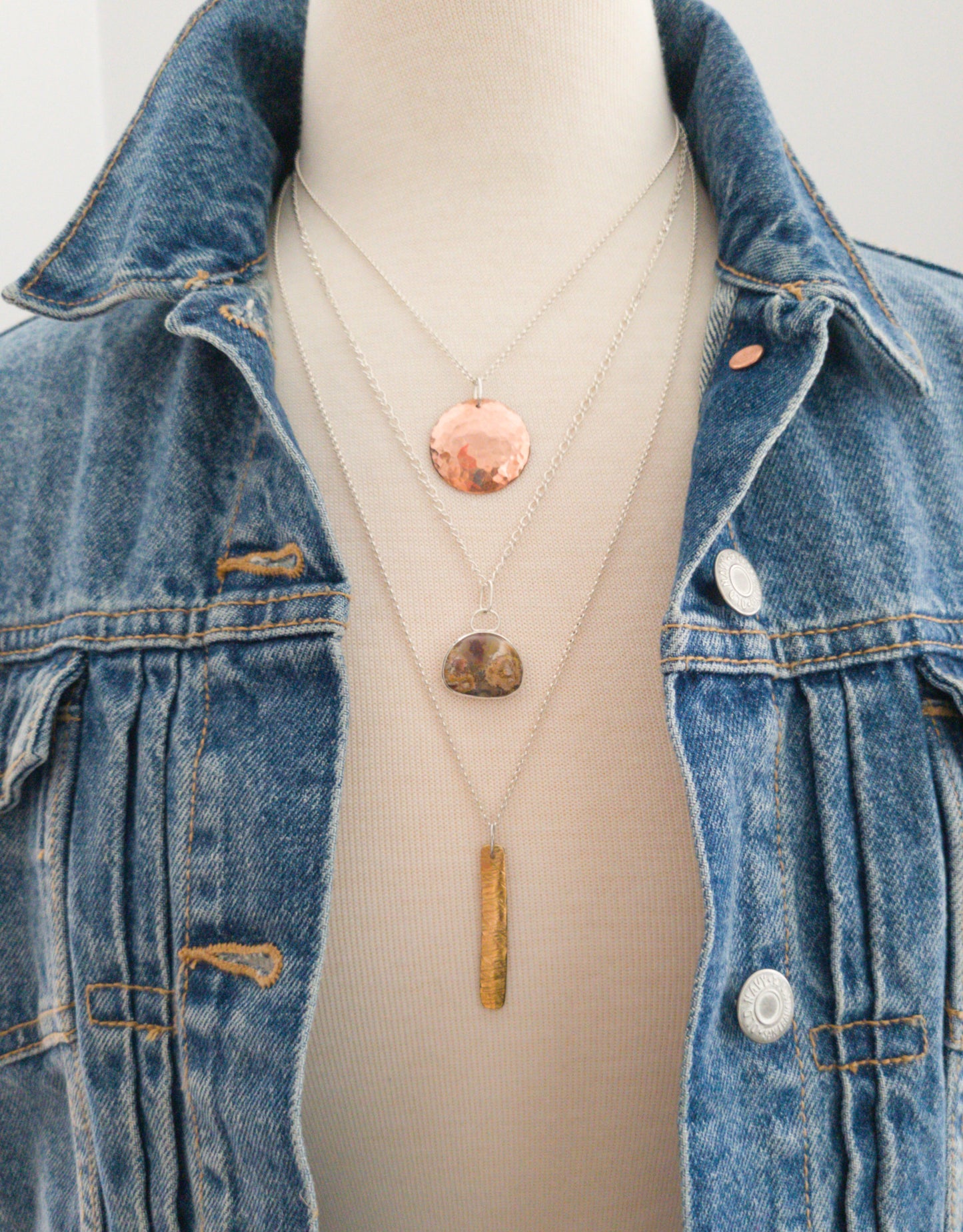 Triple Strand Silver Necklace with Copper, Brass and Agate