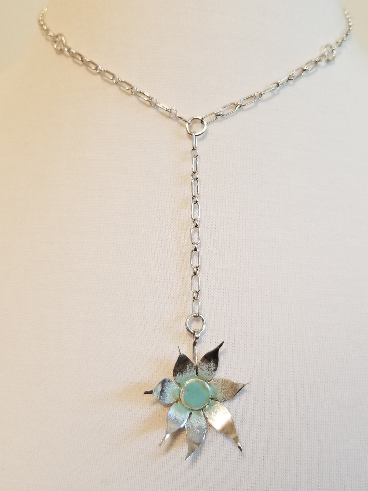 Drop Flower Necklace with Blue/Green Enamel Centre