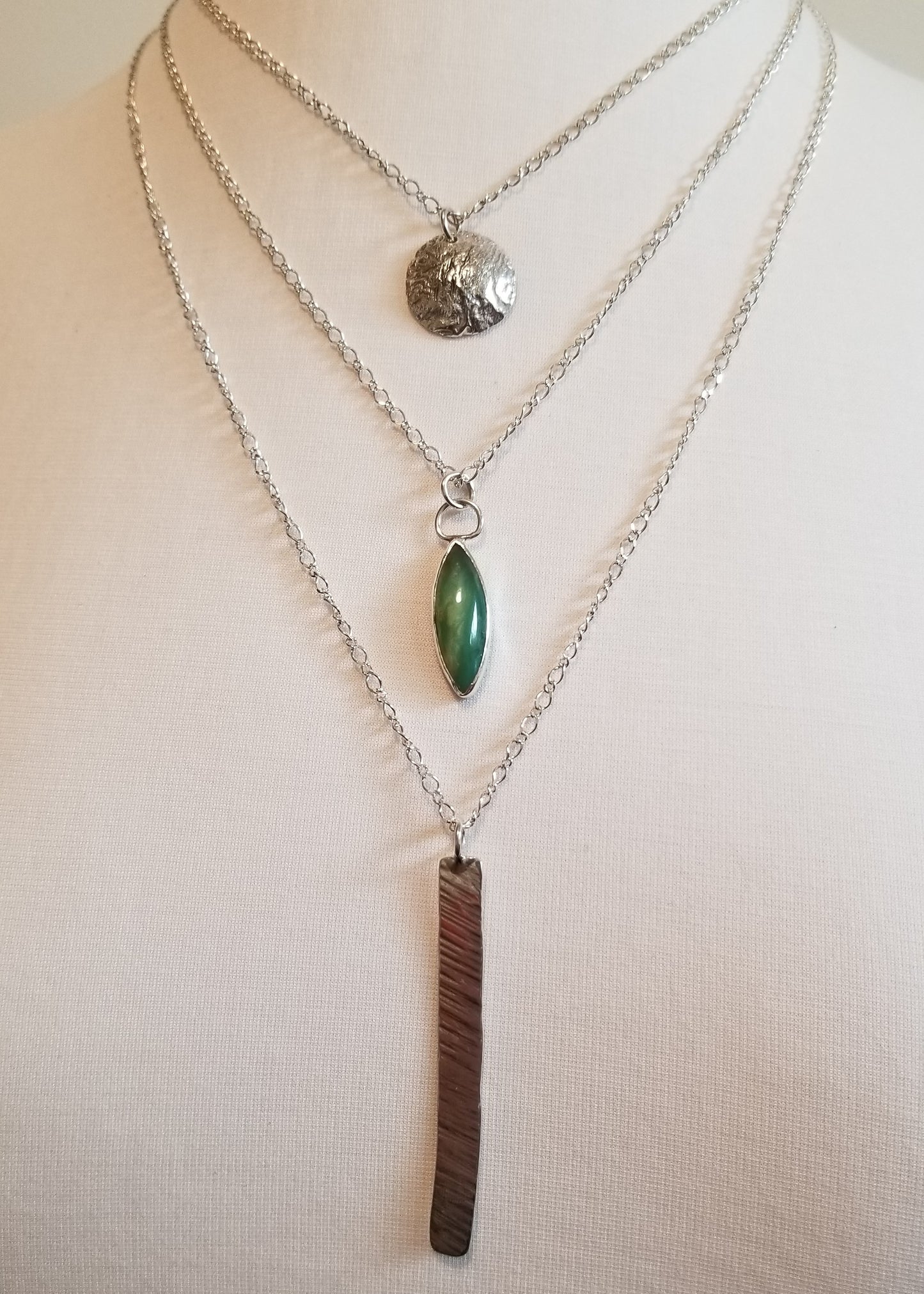 Triple Strand Silver Necklace with Silver and Prehnite Pendants
