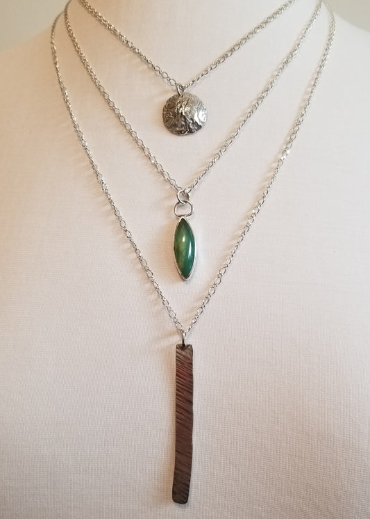 Triple Strand Silver Necklace with Silver and Prehnite Pendants