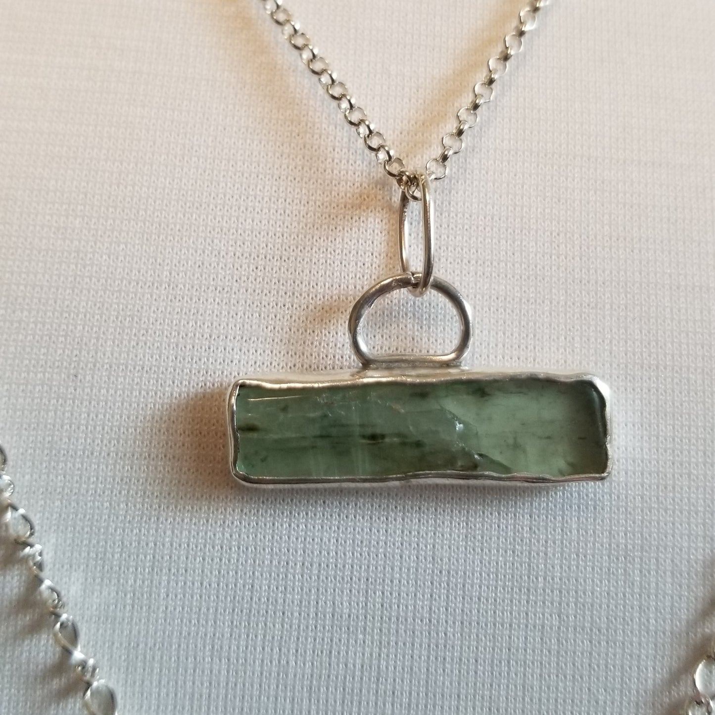 Triple Strand Silver Necklace with Disc, Rectangle and Kyanite Crystal