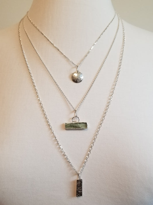 Triple Strand Silver Necklace with Disc, Rectangle and Kyanite Crystal