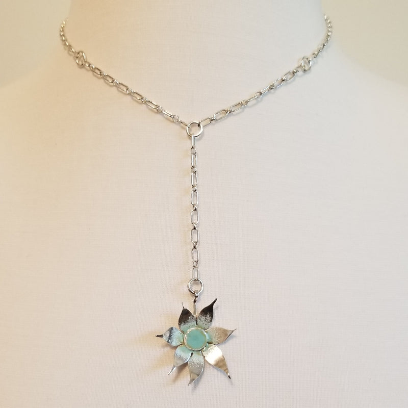 Drop Flower Necklace with Blue/Green Enamel Centre