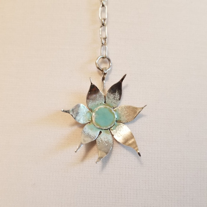 Drop Flower Necklace with Blue/Green Enamel Centre