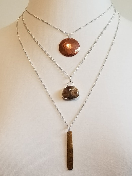 Triple Strand Silver Necklace with Copper, Brass and Agate