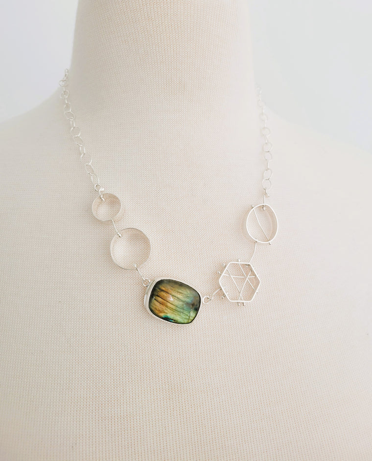 Geometric Bib Necklace with Rectangle Labradorite