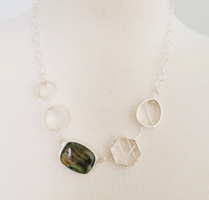 Geometric Bib Necklace with Rectangle Labradorite